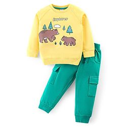 Babyhug Cotton Knit Full Sleeves T-Shirt & Lounge Pants Set With Bears Print - Yellow & Green