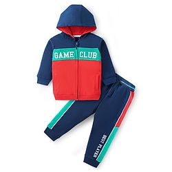 Babyhug Cotton Knit Full Sleeves Hooded Front Zipper Color Block T-Shirt & Lounge Pants Set With Text Print - Navy & Red