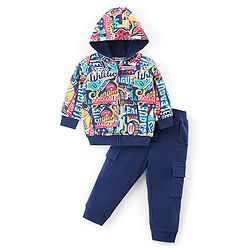Babyhug Terry Knit Full Sleeves Hooded Sweatshirt & Joggers Set Text Print - Multicolour