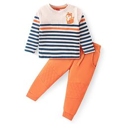 Babyhug Cotton Knit Full Sleeves Striped T-Shirt & Lounge Pants Set With Fox Applique - Orange
