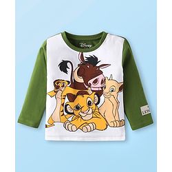 Babyhug Disney Single Jersey Knit Full Sleeves T-Shirt with Simba & Friends Graphics Badge Detailing - Green & White