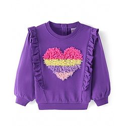 Babyhug Cotton Knit Full Sleeves Solid Coloured Sweatshirt with Heart Embroidery & Frill Detailing - Purple