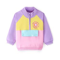 Babyhug Cotton Knit Full Raglan Sleeves High Neck Sweatshirt with Cut & Sew Design & Floral Print - Pink