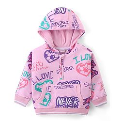 Babyhug Cotton Knit Full Sleeves Drop Shoulder Hooded Sweatshirt with Hearts Print & Kangaroo Pockets - Pink
