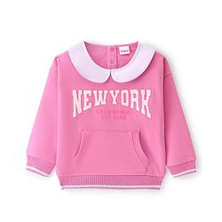 Babyhug Cotton Knit Full Sleeves Peter Pan Collar Sweatshirt with Text Print & Kangaroo Pockets - Pink