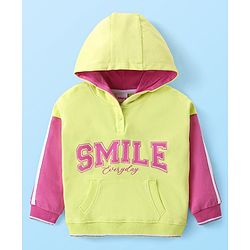 Babyhug Cotton Knit Full Sleeves Drop Shoulder Hooded Sweatshirt With Text Print & Kangaroo Pockets - Limegreen & Pink