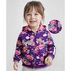Babyhug Cotton Knit Full Sleeves Hooded Front Open Sweatjacket with Floral Print & Sequin Embroidery - Purple