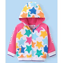 Babyhug Cotton Knit Full Raglan Sleeves Front Open Hooded Sweatjacket with Stars Print - Pink & White