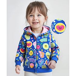 Babyhug Cotton Knit Full Sleeves Hooded Sweatjacket with Fruits & Heart Print - Blue