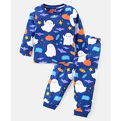 Babyhug Cotton Knit Full Sleeves Night Suit With Halloween Theme Print - Navy