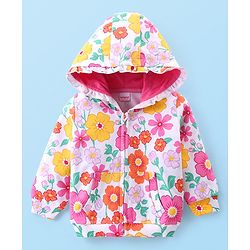Babyhug Cotton Knit Full Sleeves Hooded Sweatjacket with Floral Print & Kangaroo Pockets - White