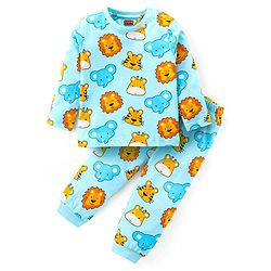 Babyhug Cotton Knit Full Sleeves Night Suit With Animals Print - Light Blue