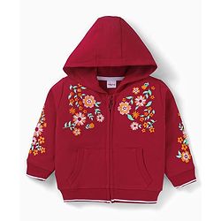 Babyhug Cotton Knit Full Sleeves Hooded Sweatjacket with Floral Embroidery & Kangaroo Pockets - Red