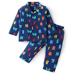 Babyhug Cotton Knit Full Sleeves Front Open Night Suit Alphabet Prints-Navy