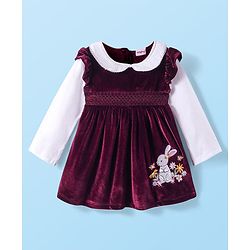 Babyhug Cotton Knit Full Sleeves Frock With Peter Pan Collar & Animal Embroidery - Maroon
