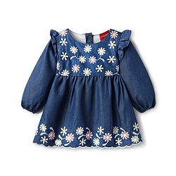 Babyhug Cotton Knit Full Sleeves Frock With Floral Embroidery & Frill Detailing - Blue