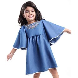 Babyhug Cotton Knit Flutter Half Sleeves Frock with Floral Embroidery - Blue