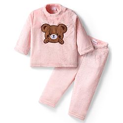 Babyhug Fur Woven Full Sleeves Winter Wear Suit With Bear Design - Pink