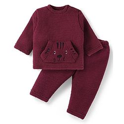 Babyhug Woven Full Sleeves Fur Winter Wear T-Shirt & Joggers Set with Bear Embroidery & Kangaroo Pockets -Maroon