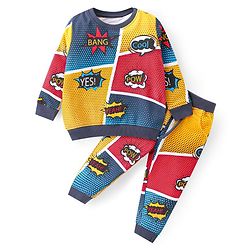 Babyhug Cotton Knit Full Sleeves T-Shirt & Lounge Pants Co-Ord Set With Text Print - Navy