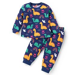 Babyhug Cotton Knit Full Sleeves Dino Printed Night Suit - Navy Blue