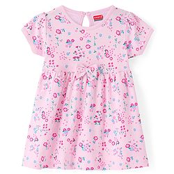 Babyhug Interlock Knit Half Sleeves Floral Printed Frock with Bow Applique - Pink