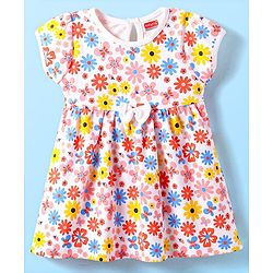 Babyhug Interlock Knit Half Sleeves Frock With Floral Print & Bow Applique - White