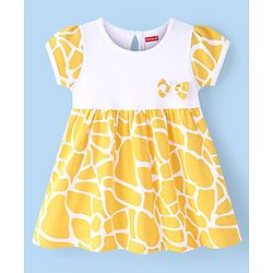 Babyhug Cotton Knit Half Sleeves Printed Frock With Bow Applique - White & Yellow