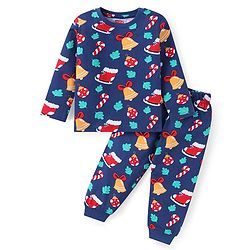 Babyhug Cotton Knit Full Sleeves Christmas Theme Print Night Suit - Navy Blue