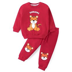 Babyhug Cotton Knit Full Sleeves T-Shirt & Lounge Pants Set With Tiger Print - Red