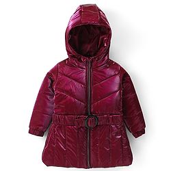 Babyhug Woven Full Sleeves Padded Hooded Jacket with Quilted Design & Solid Colour - Wine