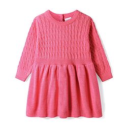 Babyhug Knitted Full Sleeves Solid Woollen Dress with Cable Knit Design - Dark Pink