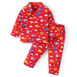 Babyhug Cotton Knit Full Sleeves Night Suit With Airplanes Print - Red