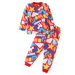 Babyhug Cotton Knit Full Sleeves Night Suit With Abstract Print - Red