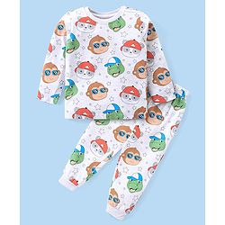 Babyhug Cotton Knit Full Sleeves Night Suit with Monkey & Bear Print - White