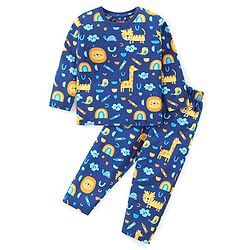 Babyhug Cotton Knit Full Sleeves Night Suit with Animal Print - Blue