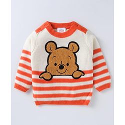 Babyhug Disney Knitted Full Sleeves Striped Design Pullover Sweater with Winnie The Pooh Patch - White & Orange