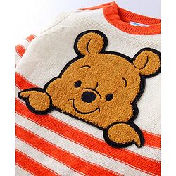 Babyhug Disney Knitted Full Sleeves Striped Design Pullover Sweater with Winnie The Pooh Patch - White & Orange