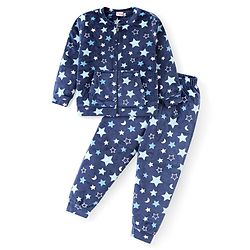 Babyhug Velour Woven Full Sleeves Front Zipper Winter Wear Co-Ord Set With Stars Print - Navy