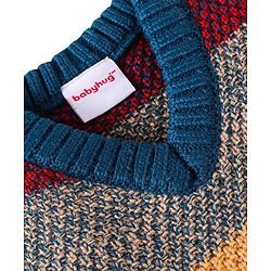 Babyhug Knitted Sleeveless Striped Pullover Sweater Design - Dark Green Tan & Red