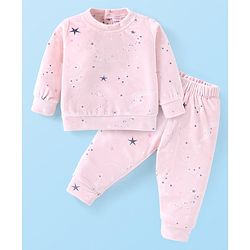 Babyhug Velour Knit Fulll Sleeves Stars Printed Winter Wear Co-Ord Set - Light Pink