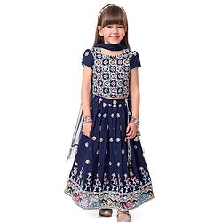 Babyhug Woven Half Sleeves Choli Lehenga & Dupatta Set With Sequin Embroidery & Tassel Detailing - Navy Blue