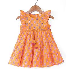 Babyhug Cotton Woven Cambric Frill Sleeves Floral Printed Ethnic Dress with Tassles & Mirror Work - Orange