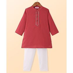 Babyhug Woven Full Sleeves Solid Colour Dobby Kurta Pyjama Set - Red