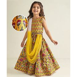 Babyhug Woven Sleeveless Floral Printed Choli Lehenga Set with Dupatta & Lace Detailing - Yellow