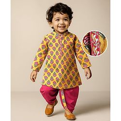 Babyhug Cambric Woven Full Sleeves Kurta Dhoti Set With Floral Print - Mustard & Dark Pink