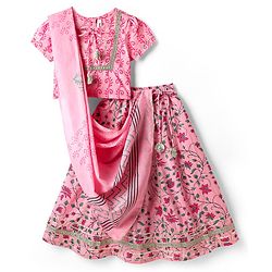 Babyhug Woven Half Sleeves Choli Lehenga Set And Dupatta With Floral Print & Lace Detailing - Pink