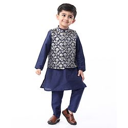 Babyhug Woven Full Sleeves Solid Colour Kurta Pyjama Set with Floral Printed Brocade Nehru Jacket - Navy Blue