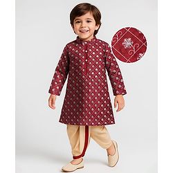Babyhug Woven Full Sleeves Sequenced Embroidered Dhoti Kurta Set - Maroon