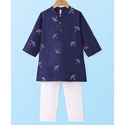 Babyhug Woven Full Sleeves Kurta Pyjama Set with Umbrella Embroidery - Navy Blue